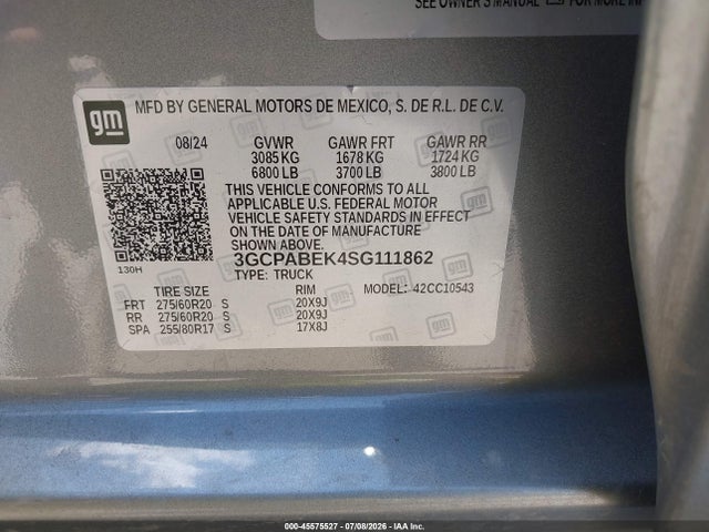 45575527 :رقم المزاد ، 3GCPABEK4SG111862 vin ، 2025 Chevrolet Silverado 1500 2wd  Short Bed Custom مزاد بيع