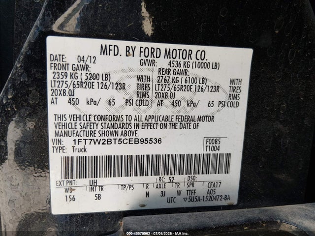 Продаж на аукціоні авто 2012 Ford Super Duty F-250 Srw Lariat, vin: 1FT7W2BT5CEB95536, номер лоту: 45575562