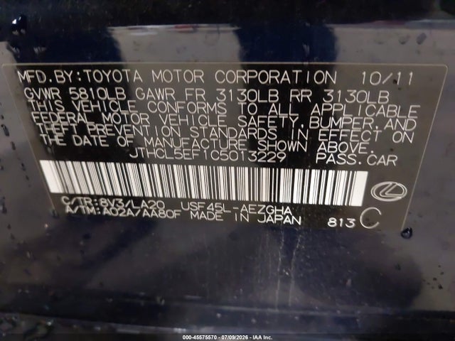 Aukcja sprzedaży 2012 Lexus Ls 460, vin: JTHCL5EF1C5013229, numer aukcji: 45575570