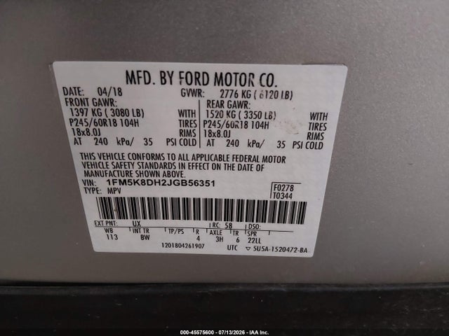 Продажа на аукционе авто 2018 Ford Explorer Xlt, vin: 1FM5K8DH2JGB56351, номер лота: 45575600