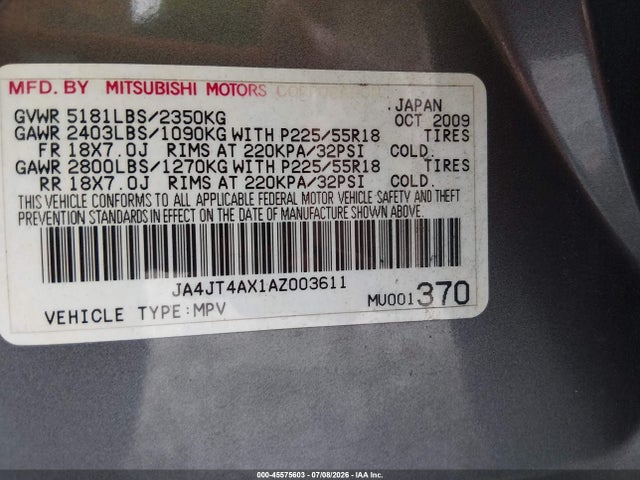 Aukcja sprzedaży 2010 Mitsubishi Outlander Xls, vin: JA4JT4AX1AZ003611, numer aukcji: 45575603