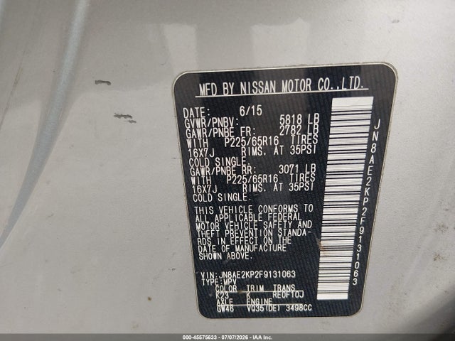 Nissan Quest Sv 2015 JN8AE2KP2F9131063 Image 9