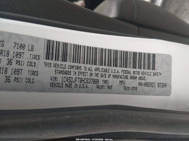 45575634 :رقم المزاد ، 1C4SDJFT8HC637880 vin ، 2017 Dodge Durango Special Service Awd مزاد بيع