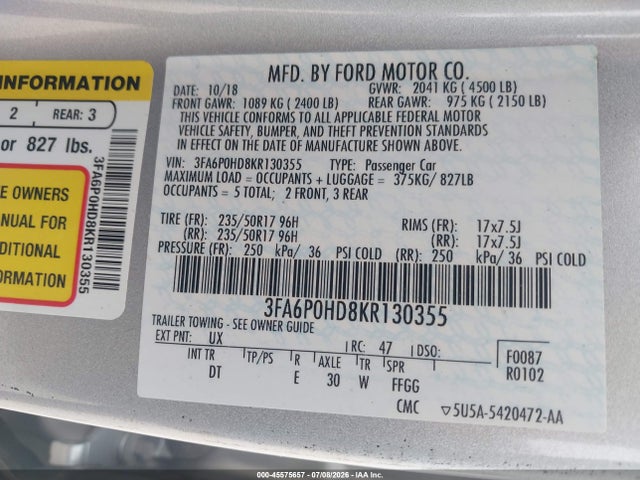 Продажа на аукционе авто 2019 Ford Fusion Se, vin: 3FA6P0HD8KR130355, номер лота: 45575657