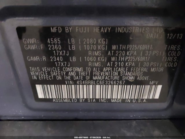 2014 Subaru Outback 2.5i Limited მანქანა იყიდება აუქციონზე, vin: 4S4BRBLC6E3266267, აუქციონის ნომერი: 45575665