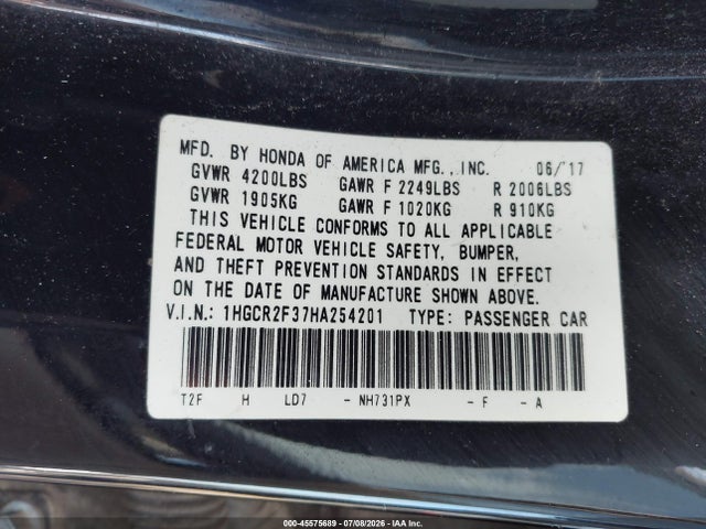 Продаж на аукціоні авто 2017 Honda Accord Lx, vin: 1HGCR2F37HA254201, номер лоту: 45575689