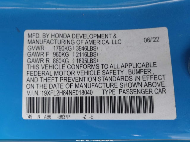Продаж на аукціоні авто 2022 Honda Civic Sport, vin: 19XFL2H84NE018040, номер лоту: 45575692