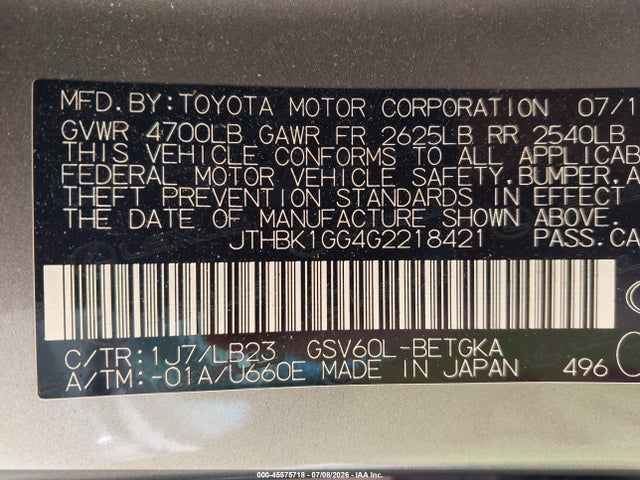 Продаж на аукціоні авто 2016 Lexus Es 350, vin: JTHBK1GG4G2218421, номер лоту: 45575718