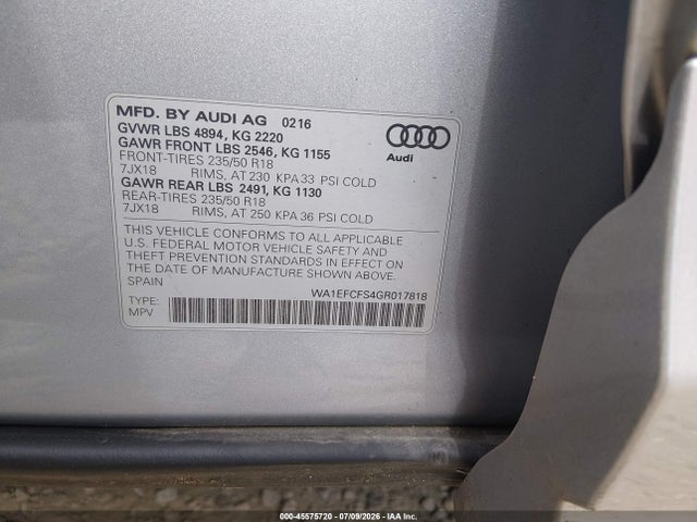 Продаж на аукціоні авто 2016 Audi Q3 2.0t Premium Plus, vin: WA1EFCFS4GR017818, номер лоту: 45575720
