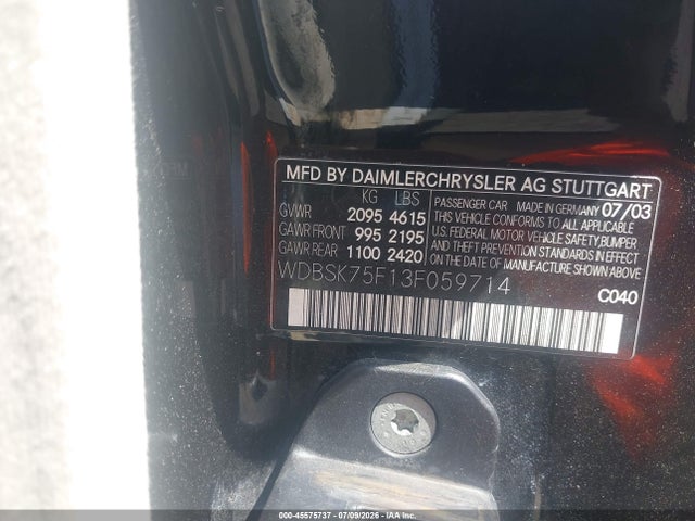 Aukcja sprzedaży 2003 Mercedes-benz Sl 500, vin: WDBSK75F13F059714, numer aukcji: 45575737