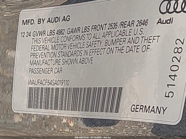 Продажа на аукционе авто 2025 Audi A5 Sportback Premium Plus 45 Tfsi S Line Quattro S Tronic, vin: WAUFACF54SA019110, номер лота: 45575743