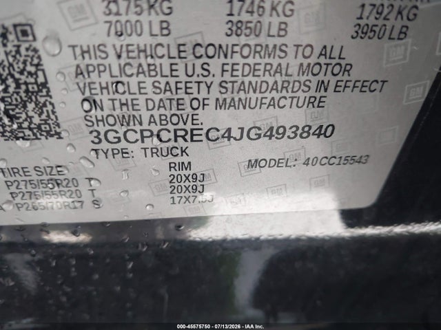 45575750 :رقم المزاد ، 3GCPCREC4JG493840 vin ، 2018 Chevrolet Silverado 1500 1lt مزاد بيع