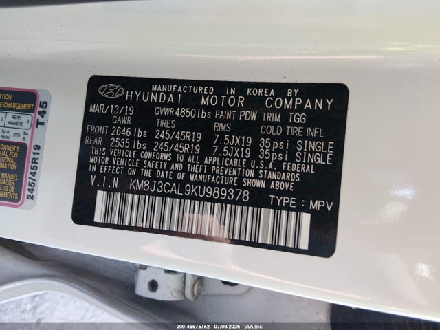 45575752 :رقم المزاد ، KM8J3CAL9KU989378 vin ، 2019 Hyundai Tucson Sport مزاد بيع