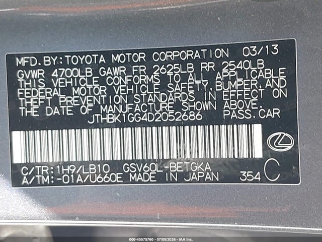 2013 Lexus Es 350 მანქანა იყიდება აუქციონზე, vin: JTHBK1GG4D2052686, აუქციონის ნომერი: 45575760