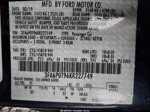 Ford FUSION SE 2019 3FA6P0T96KR227749 Image 9