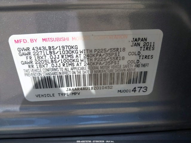 Aukcja sprzedaży 2011 Mitsubishi Outlander Sport Se, vin: JA4AR4AU1BZ010452, numer aukcji: 45575798