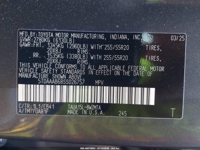 45575803 :رقم المزاد ، 5TDAAAB68SS026757 vin ، 2025 Lexus Tx 350 Premium مزاد بيع