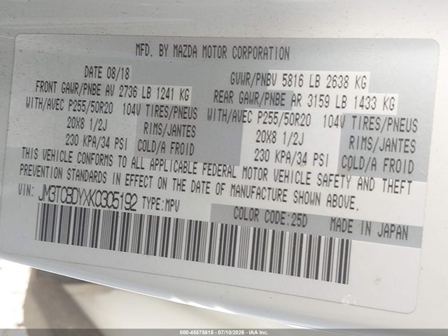 Aukcja sprzedaży 2019 Mazda Cx-9 Grand Touring, vin: JM3TCBDYXK0305192, numer aukcji: 45575815