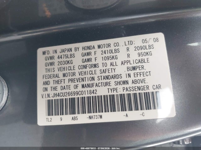 45575833 :رقم المزاد ، JH4CU26699C011842 vin ، 2009 Acura Tsx مزاد بيع