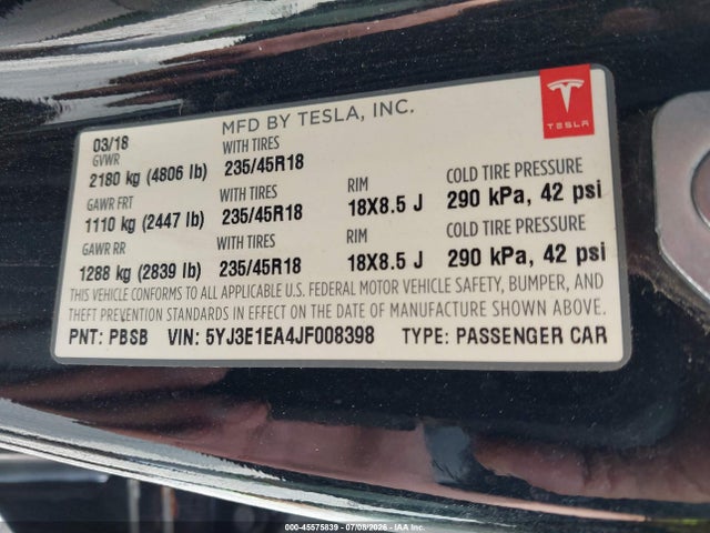 5YJ3E1EA4JF008398 Tesla Model 3 Long Range/mid Range