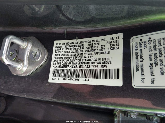 Продажа на аукционе авто 2011 Honda Cr-v Se, vin: 5J6RE3H4XBL031043, номер лота: 45575845