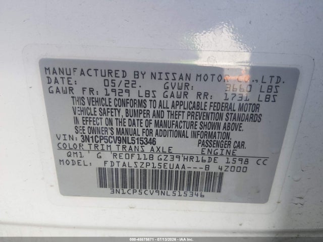 3N1CP5CV9NL515346 Nissan Kicks Sv Xtronic Cvt