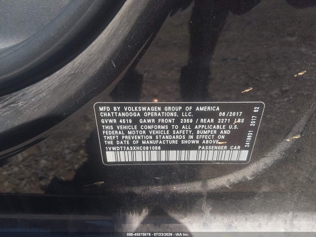 Aukcja sprzedaży 2017 Volkswagen Passat 1.8t R-line, vin: 1VWDT7A3XHC081056, numer aukcji: 45575876