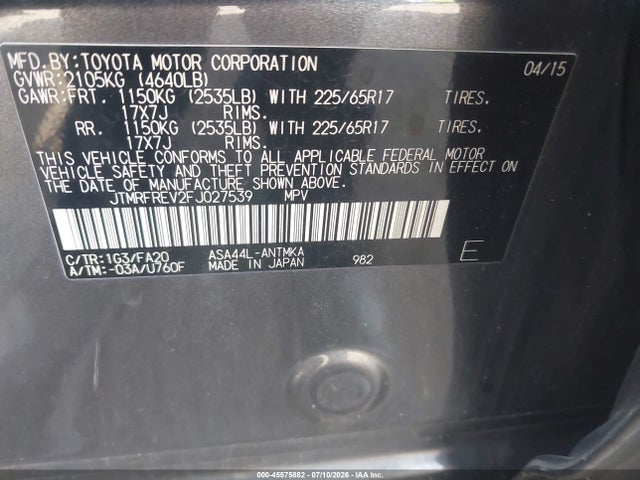 Toyota Rav4 Xle 2015 JTMRFREV2FJ027539 Image 9