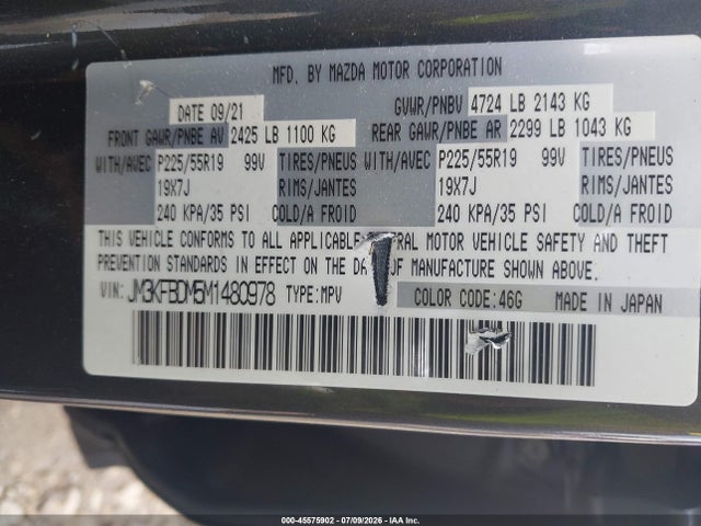 Aukcja sprzedaży 2021 Mazda Cx-5 Grand Touring, vin: JM3KFBDM5M1480978, numer aukcji: 45575902