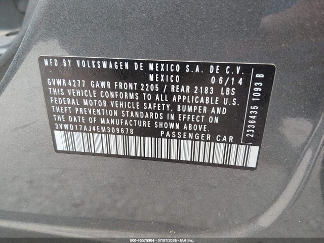 2014 Volkswagen Jetta 1.8t Se მანქანა იყიდება აუქციონზე, vin: 3VWD17AJ4EM309678, აუქციონის ნომერი: 45575904
