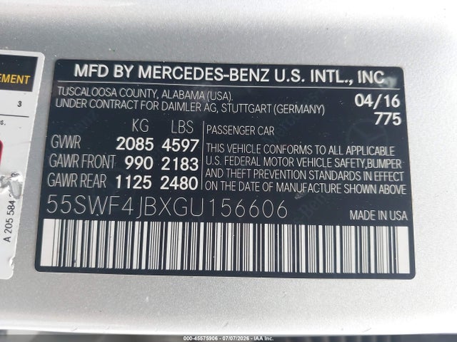 Продаж на аукціоні авто 2016 Mercedes-benz C 300 Sport, vin: 55SWF4JBXGU156606, номер лоту: 45575906