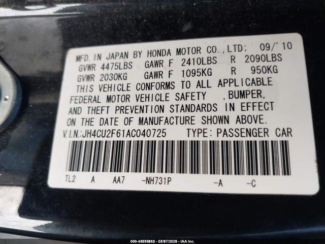 2010 Acura Tsx 2.4 მანქანა იყიდება აუქციონზე, vin: JH4CU2F61AC040725, აუქციონის ნომერი: 45575912