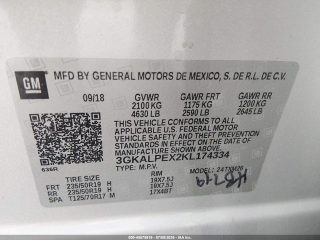 Aukcja sprzedaży 2019 Gmc Terrain Slt, vin: 3GKALPEX2KL174334, numer aukcji: 45575916