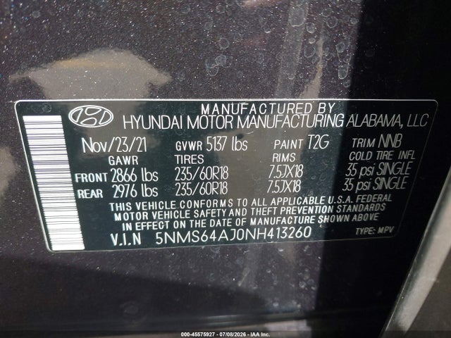 2022 Hyundai Santa Fe Xrt მანქანა იყიდება აუქციონზე, vin: 5NMS64AJ0NH413260, აუქციონის ნომერი: 45575927