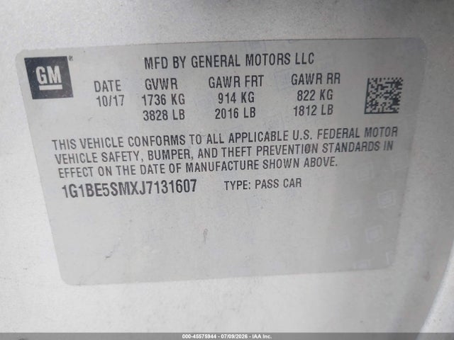 2018 Chevrolet Cruze Lt Auto მანქანა იყიდება აუქციონზე, vin: 1G1BE5SMXJ7131607, აუქციონის ნომერი: 45575944