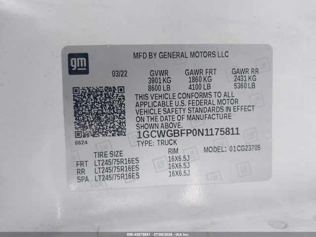 Aukcja sprzedaży 2022 Chevrolet Express Cargo Rwd 2500 Extended Wheelbase Wt, vin: 1GCWGBFP0N1175811, numer aukcji: 45575951