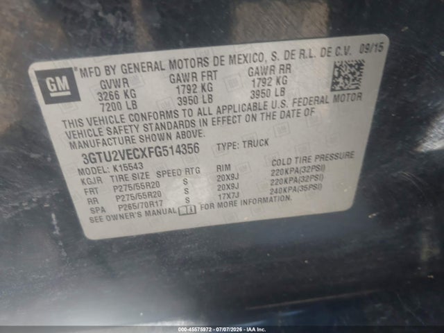 Продажа на аукционе авто 2015 Gmc Sierra 1500 Slt, vin: 3GTU2VECXFG514356, номер лота: 45575972