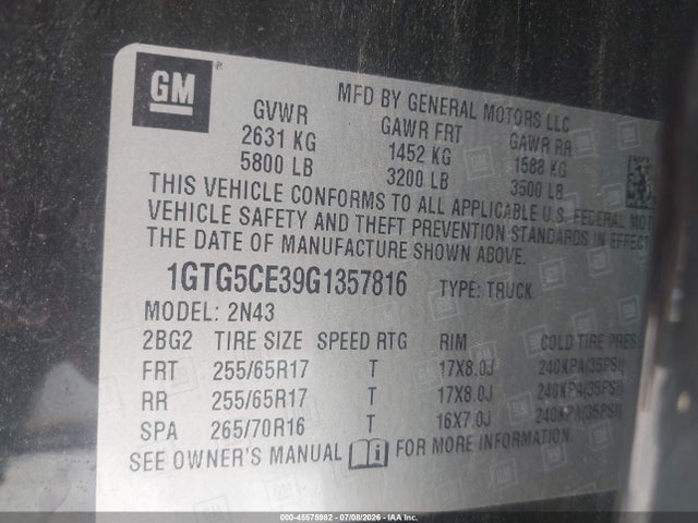 45575982 :رقم المزاد ، 1GTG5CE39G1357816 vin ، 2016 Gmc Canyon 2wd Sle مزاد بيع