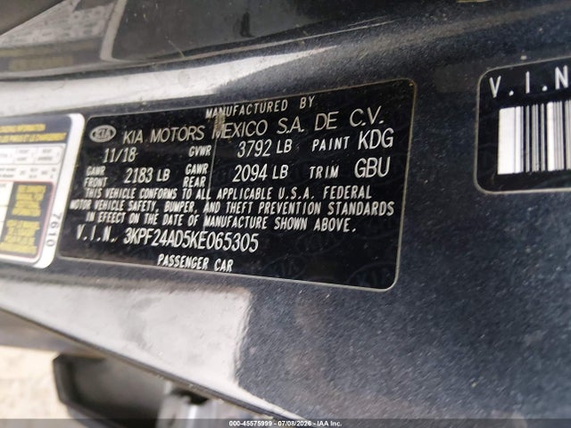 2019 Kia Forte Lxs მანქანა იყიდება აუქციონზე, vin: 3KPF24AD5KE065305, აუქციონის ნომერი: 45575999