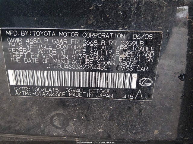 2008 Lexus Es 350 მანქანა იყიდება აუქციონზე, vin: JTHBJ46G382264460, აუქციონის ნომერი: 45576004