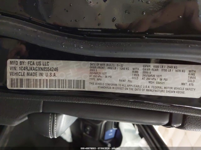 Aukcja sprzedaży 2022 Jeep Grand Cherokee L Altitude 4x4, vin: 1C4RJKAGXN8554246, numer aukcji: 45576003