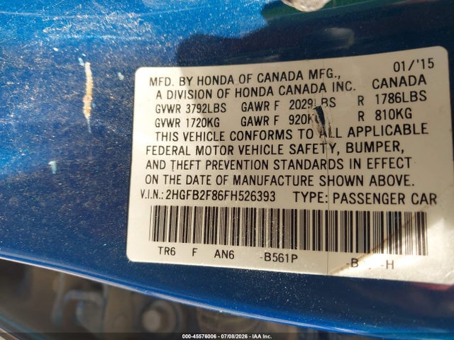 2015 Honda Civic Ex მანქანა იყიდება აუქციონზე, vin: 2HGFB2F86FH526393, აუქციონის ნომერი: 45576006