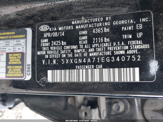 45576008 :رقم المزاد ، 5XXGN4A71EG340752 vin ، 2014 Kia Optima Ex مزاد بيع