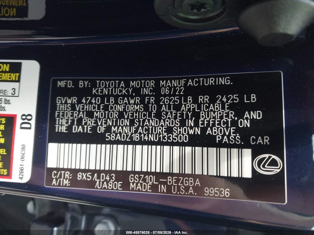 Aukcja sprzedaży 2022 Lexus Es 350, vin: 58ADZ1B14NU133500, numer aukcji: 45576028