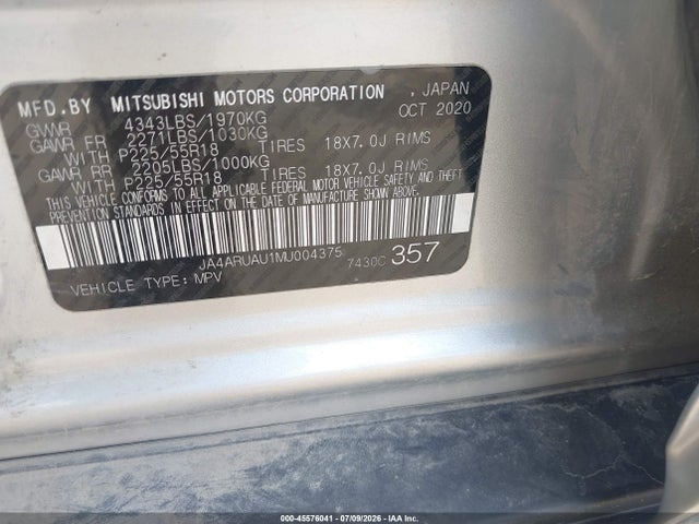 Aukcja sprzedaży 2021 Mitsubishi Outlander Sport 2.0 Be Awc/2.0 Es Awc/2.0 Le Awc/2.0 Se Awc, vin: JA4ARUAU1MU004375, numer aukcji: 45576041