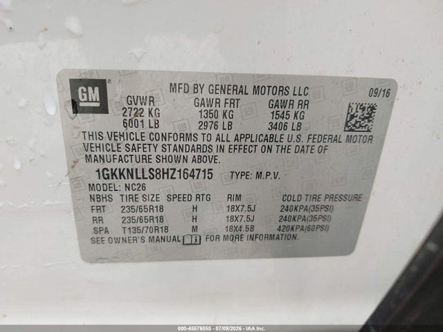 Aukcja sprzedaży 2017 Gmc Acadia Sle-2, vin: 1GKKNLLS8HZ164715, numer aukcji: 45576055
