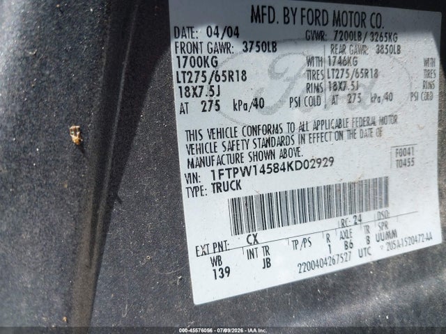 Auction sale of the 2004 Ford F-150 Fx4/lariat/xlt, vin: 1FTPW14584KD02929, lot number: 45576056