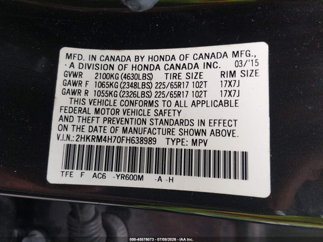 2HKRM4H70FH638989 Honda Cr-v Ex-l