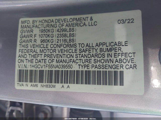 45576080 :رقم المزاد ، 1HGCV1F55NA039550 vin ، 2022 Honda Accord Ex-l مزاد بيع