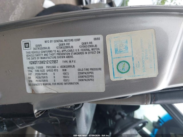 Aukcja sprzedaży 2001 Chevrolet Blazer, vin: 1GNDT13W212127957, numer aukcji: 45576081